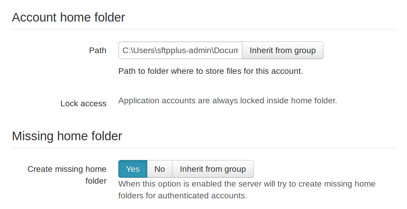 SFTPPlus Account Home Folder Configuration