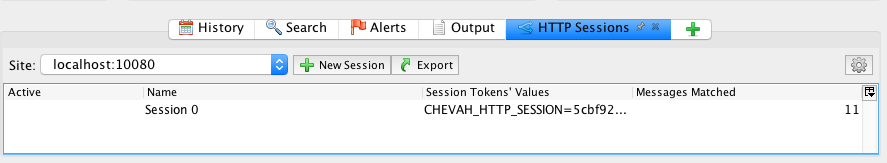 OWASP HTTP Sessions pane with populated Session Tokens' Values